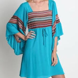 Umgee Boho Chic Turquoise Dress with Bell Sleeves & Embroidered Detail | Size S